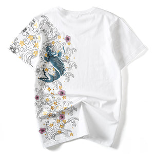 Floral Koi Carp Embroidered Summer T-shirt
